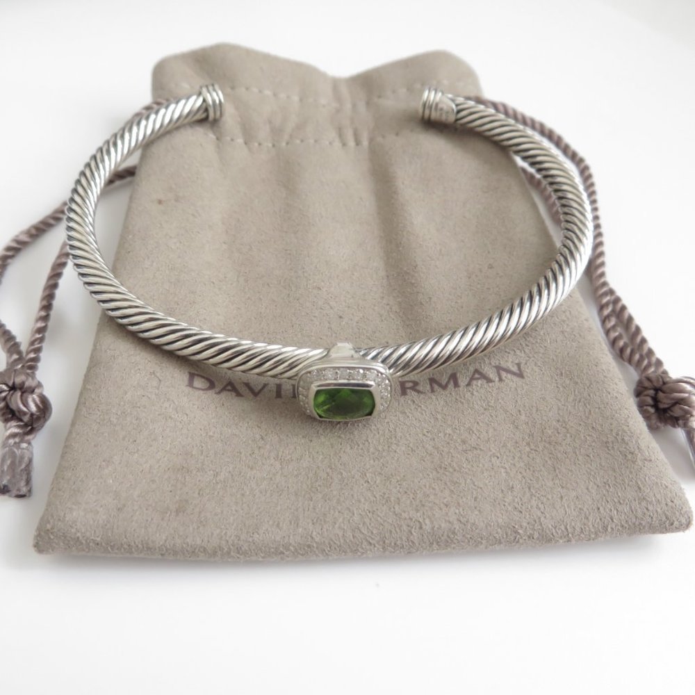 David Yurman Sterling Silver & Diamond Station Peridot Noblesse Bracelet Bangle